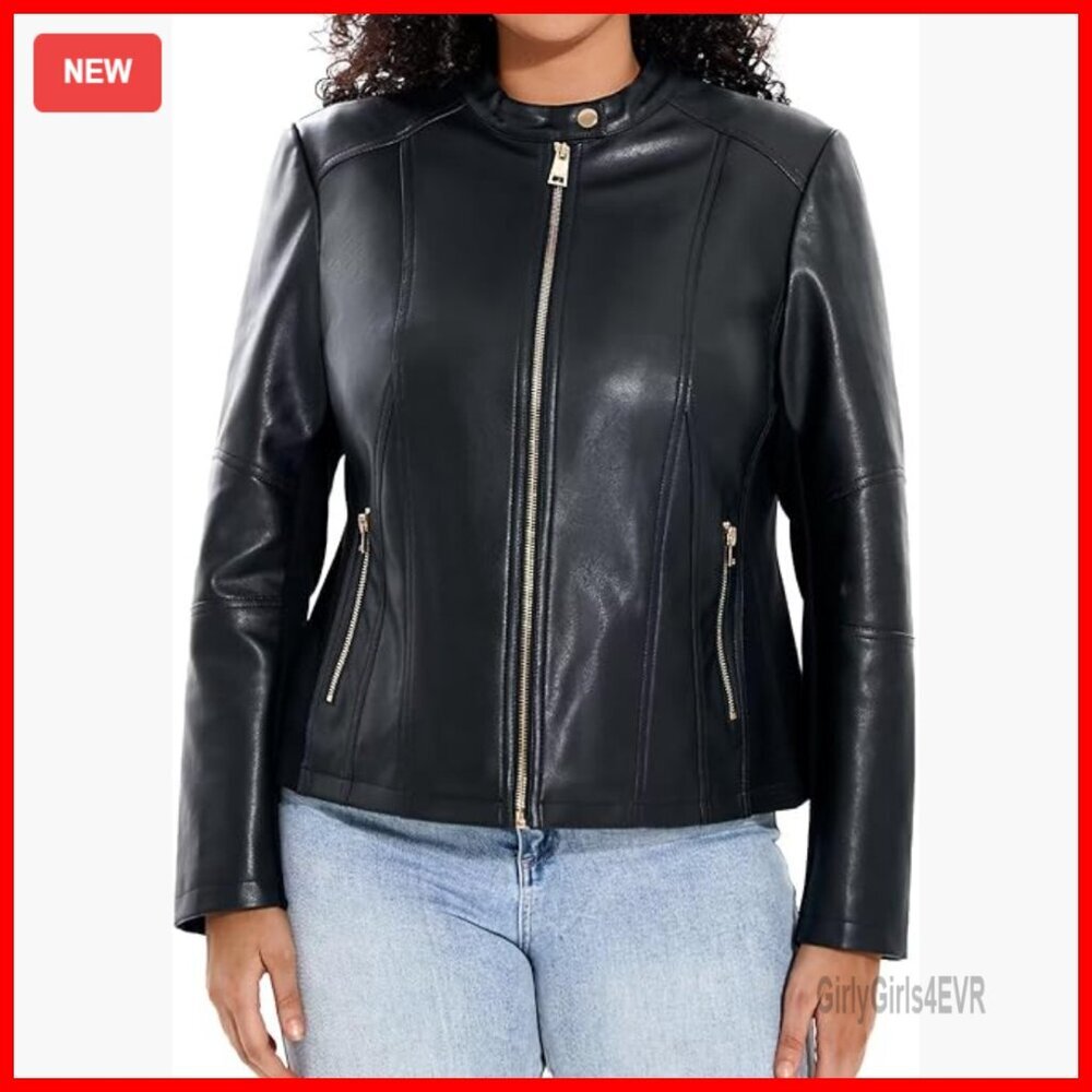 Plus Size Faux Leather Motorcycle Jacket with Stretch Sleeves Zip Up